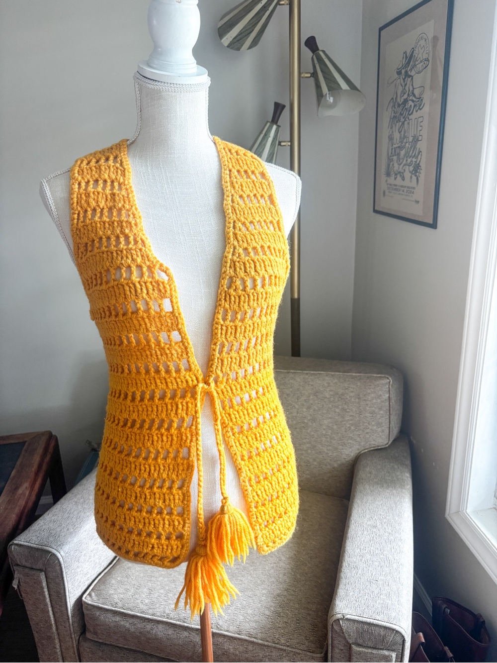 Vintage Handmade Golden Yellow Crochet Vest with Tassel Tie